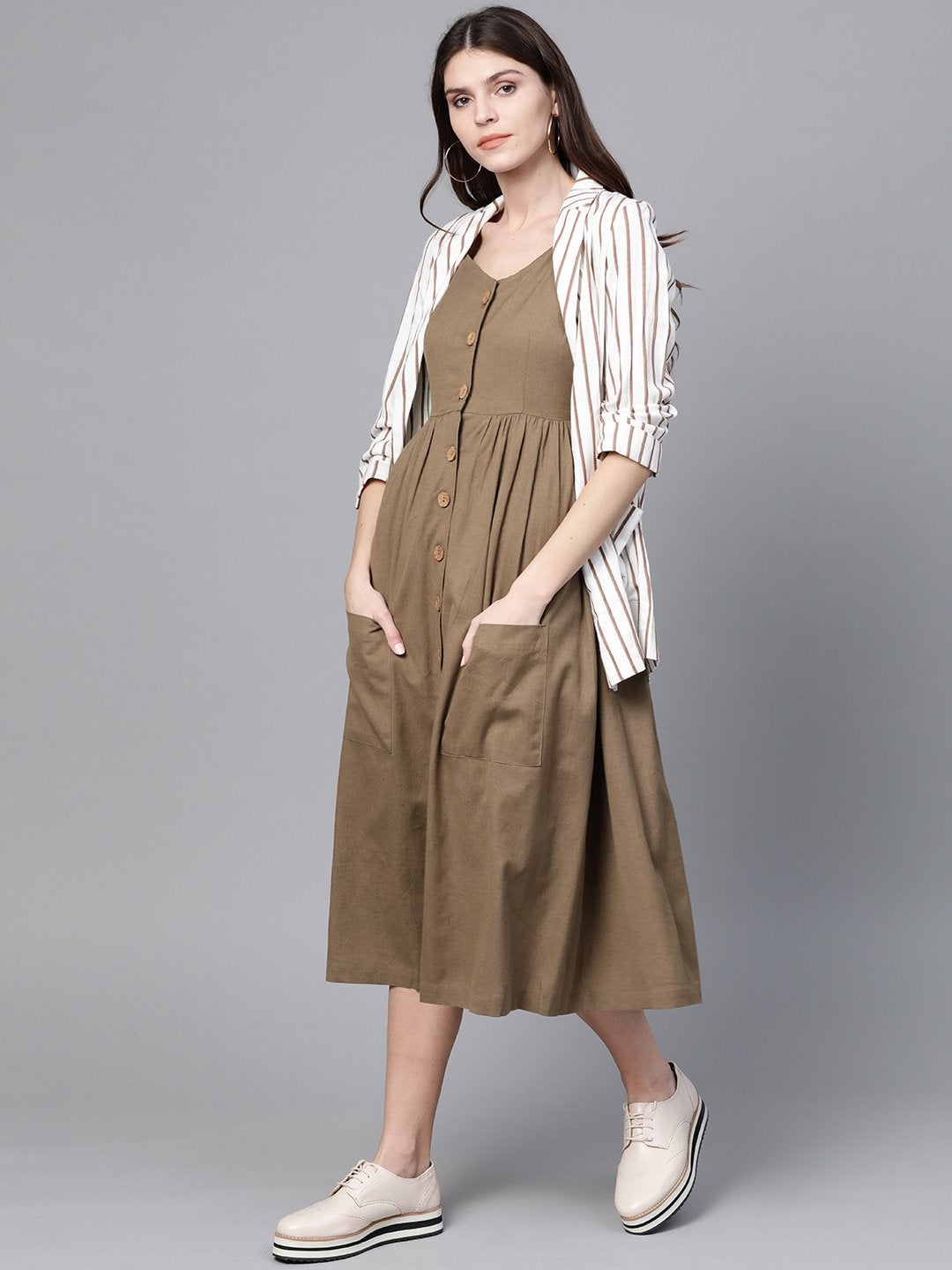 Women's Brown Button Strappy Midi - SASSAFRAS