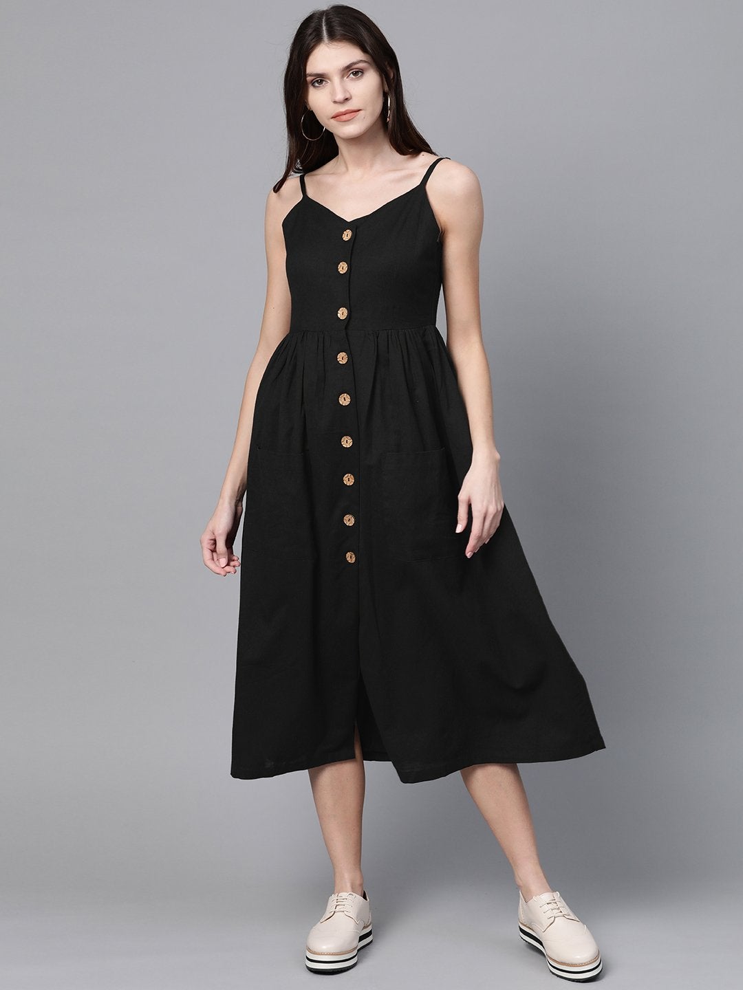 Women's Black Button Strappy Midi - SASSAFRAS