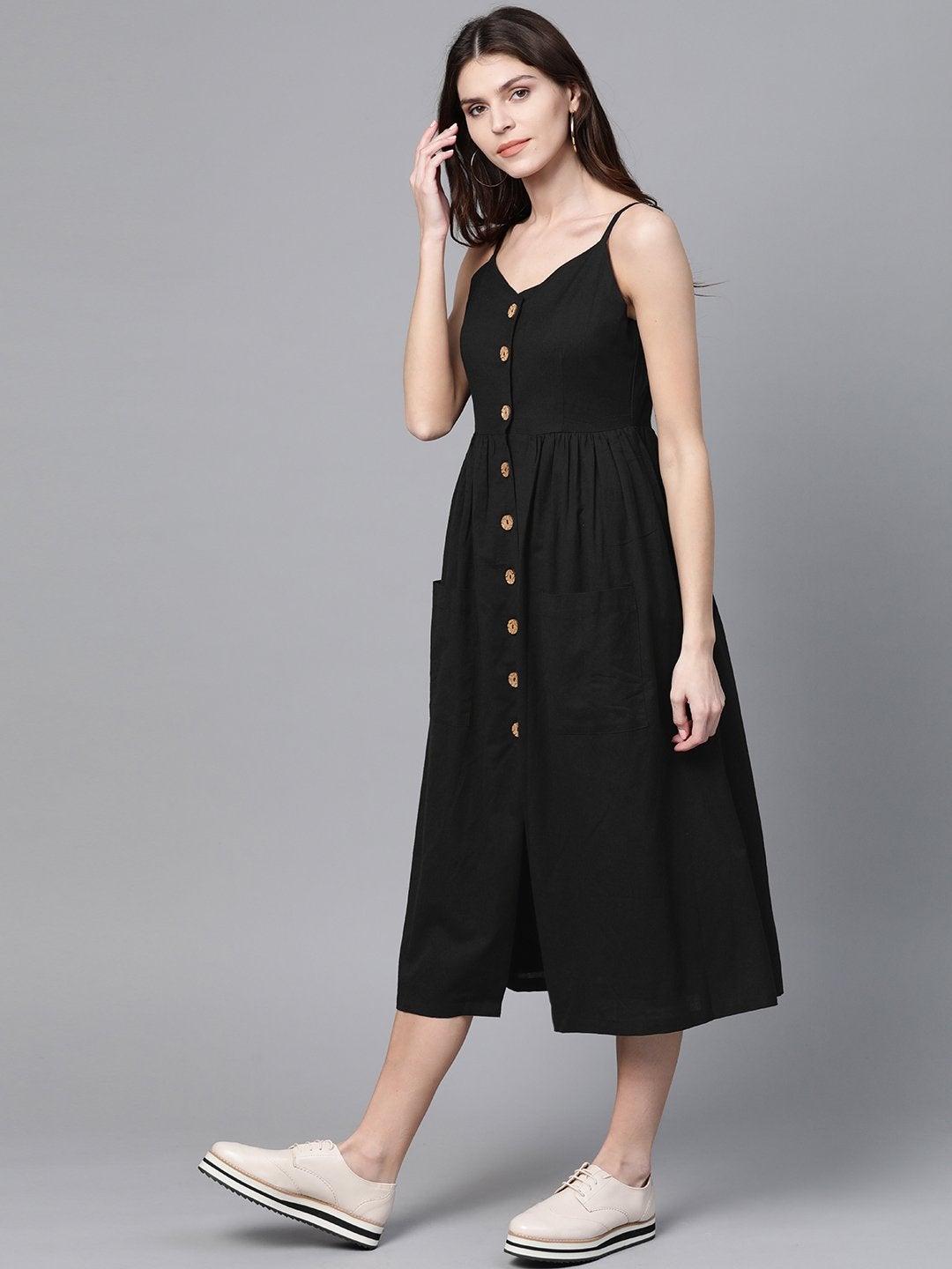 Women's Black Button Strappy Midi - SASSAFRAS