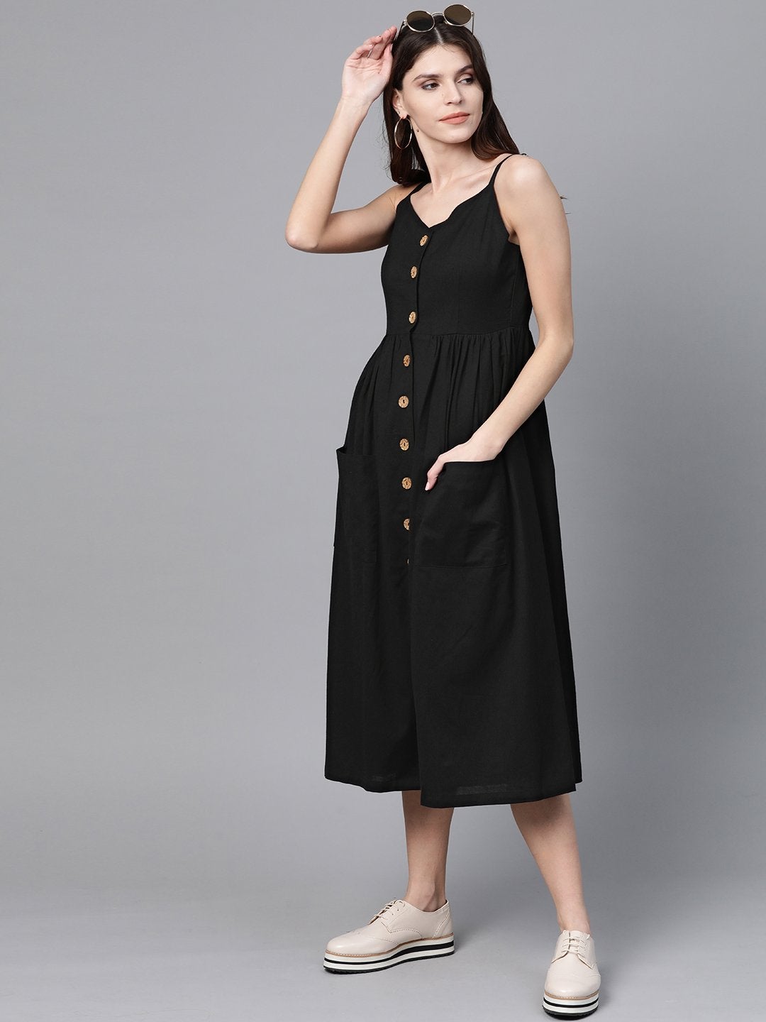 Women's Black Button Strappy Midi - SASSAFRAS