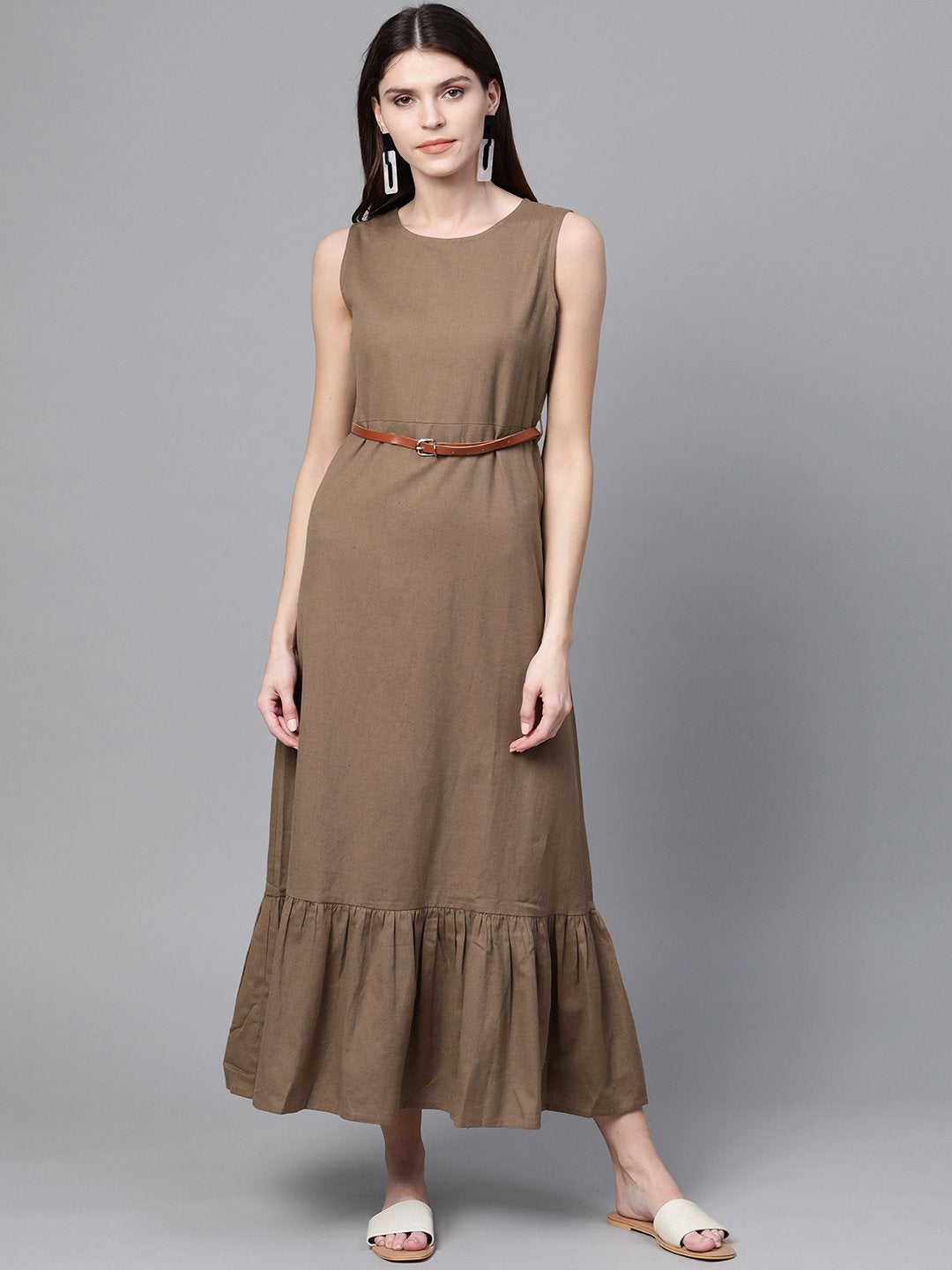 Women's Brown Sleeveless Frill Hem Belted Midi - SASSAFRAS