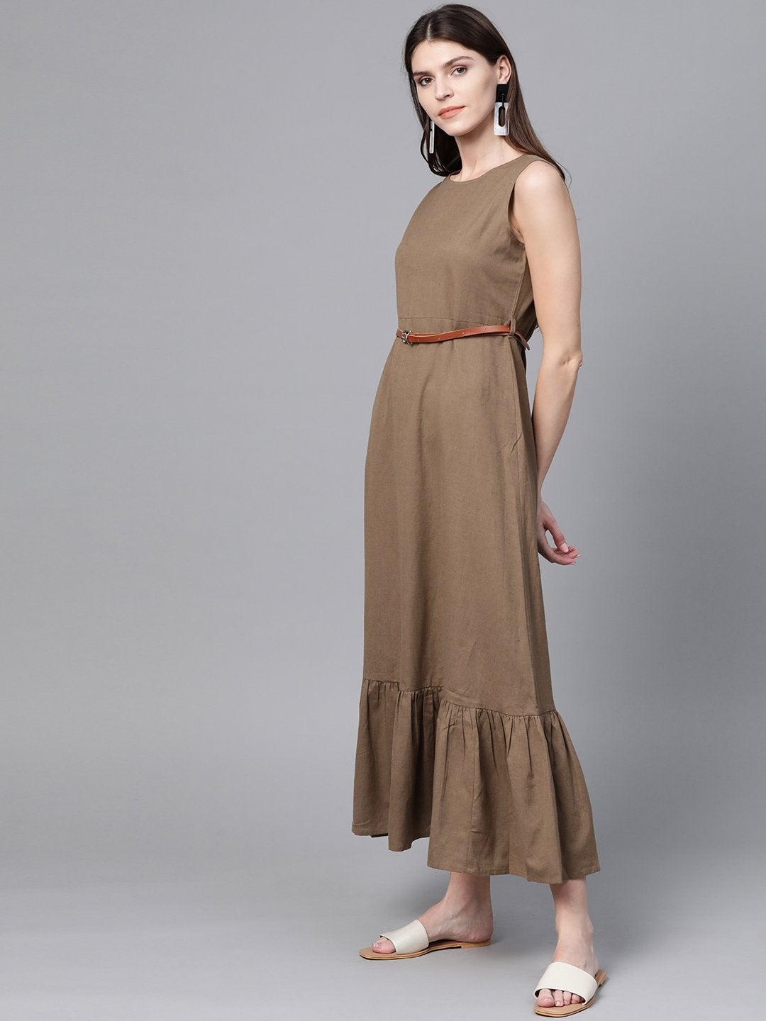 Women's Brown Sleeveless Frill Hem Belted Midi - SASSAFRAS