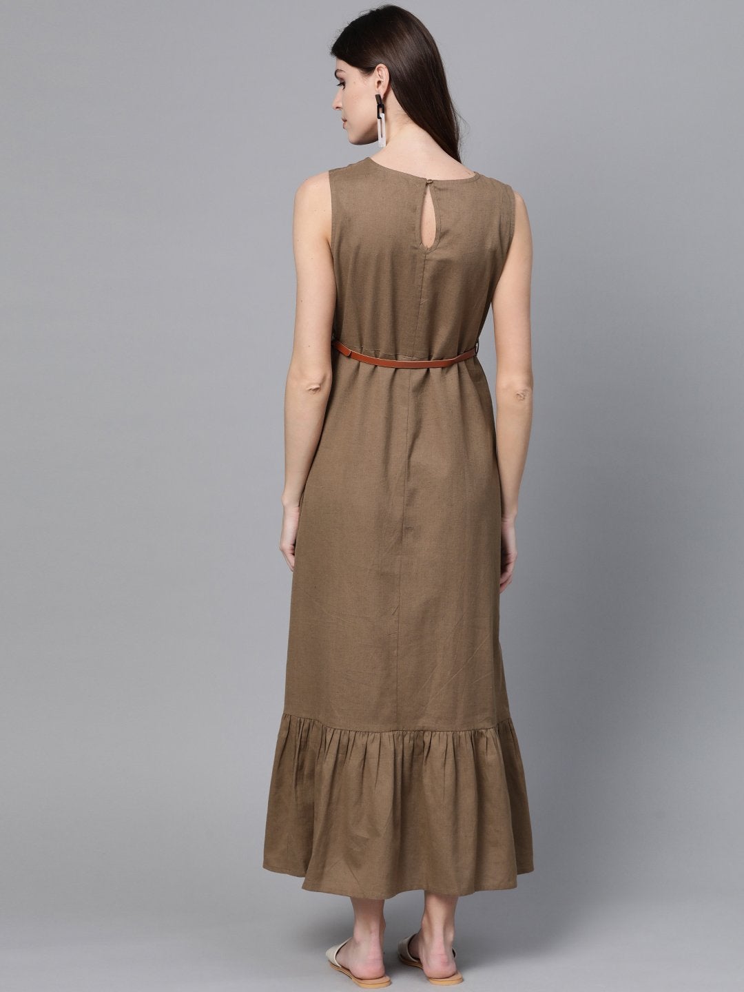 Women's Brown Sleeveless Frill Hem Belted Midi - SASSAFRAS