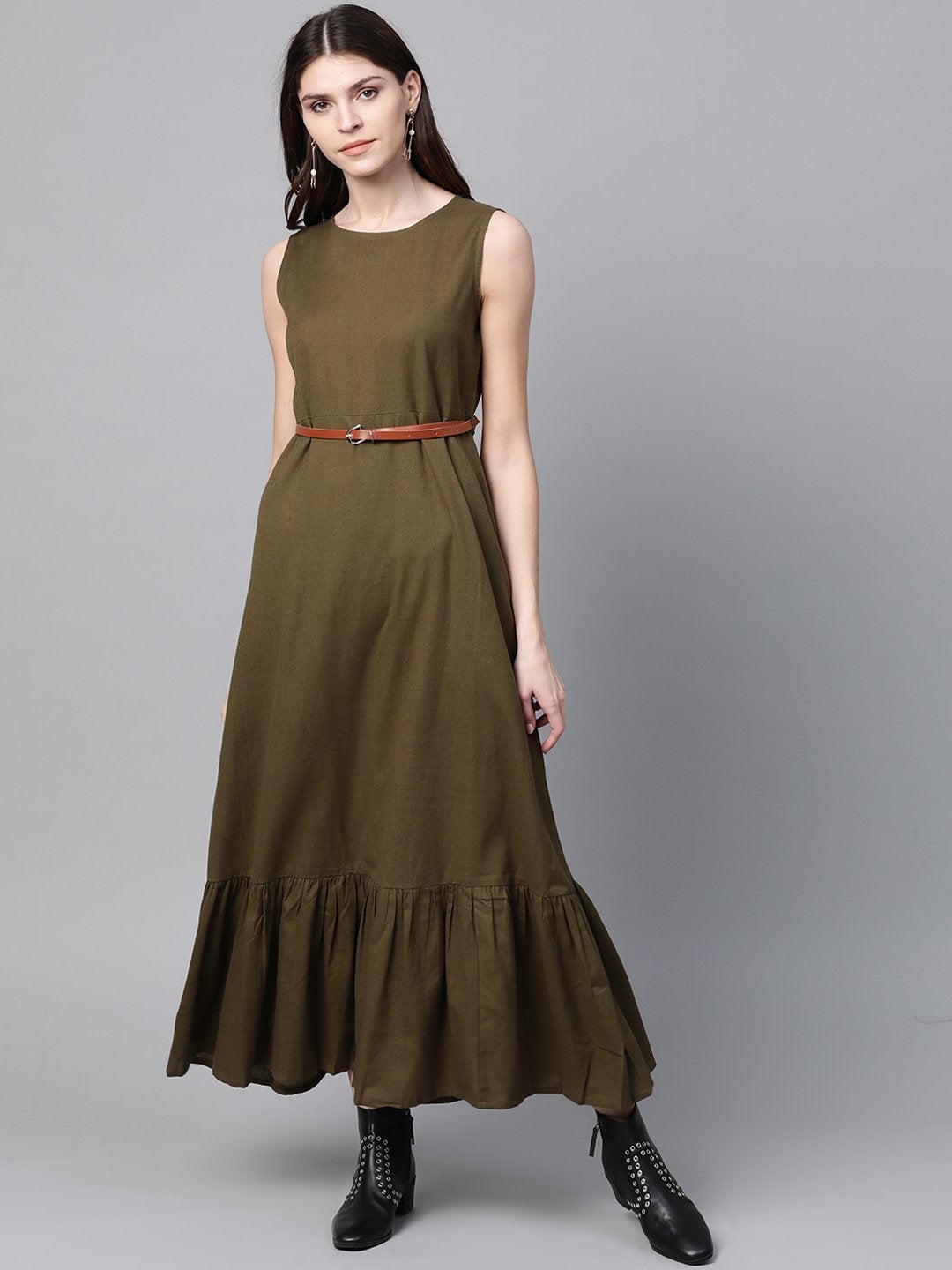 Women's Olive Sleeveless Frill Hem Belted Midi - SASSAFRAS