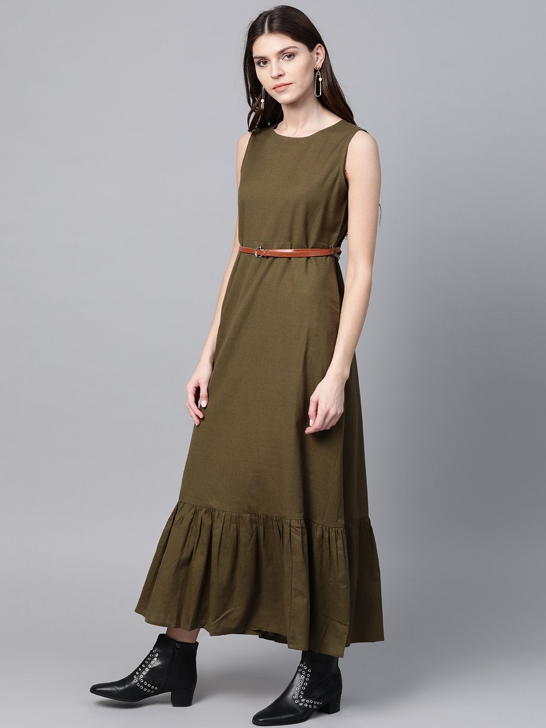 Women's Olive Sleeveless Frill Hem Belted Midi - SASSAFRAS