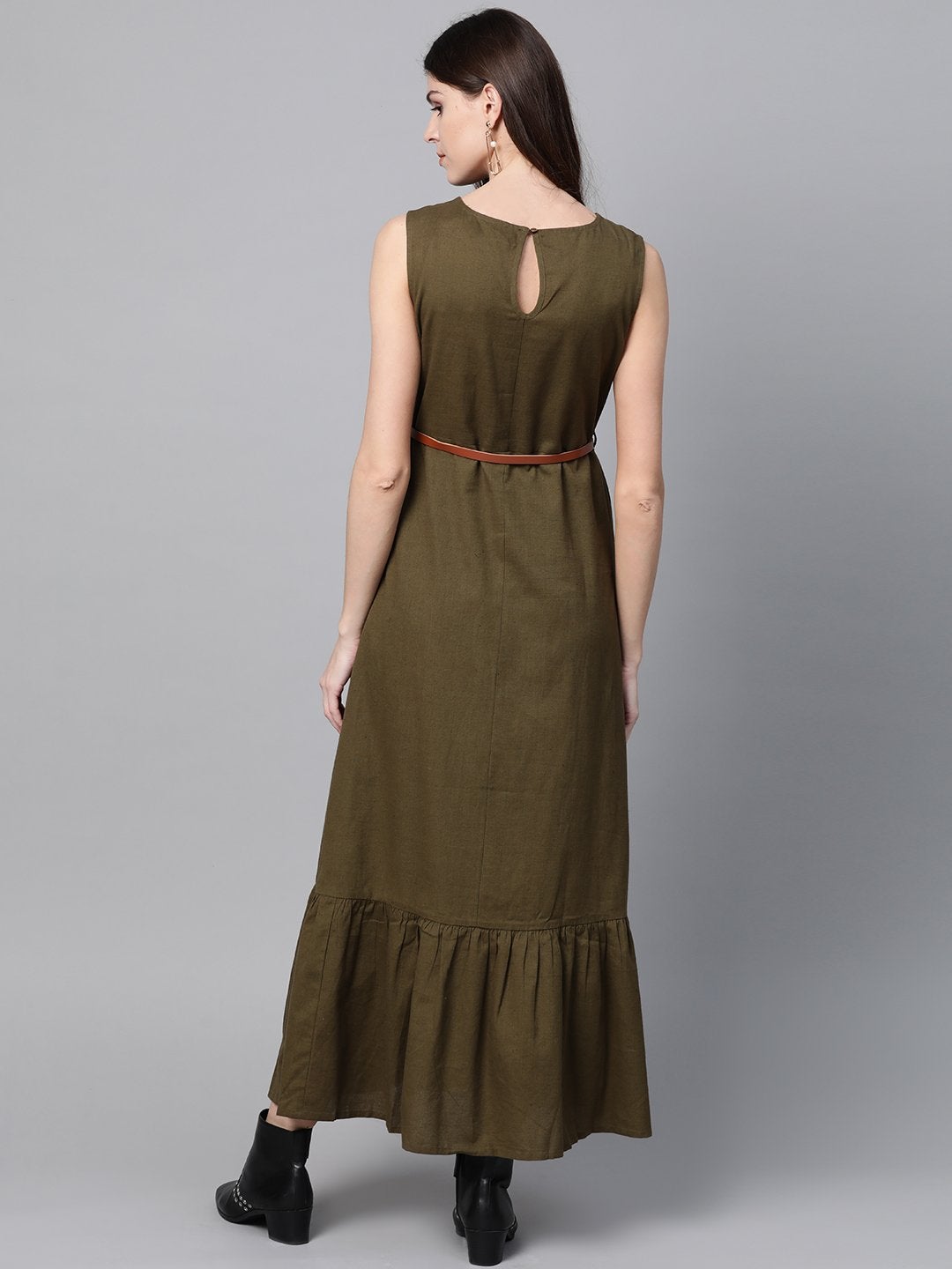 Women's Olive Sleeveless Frill Hem Belted Midi - SASSAFRAS