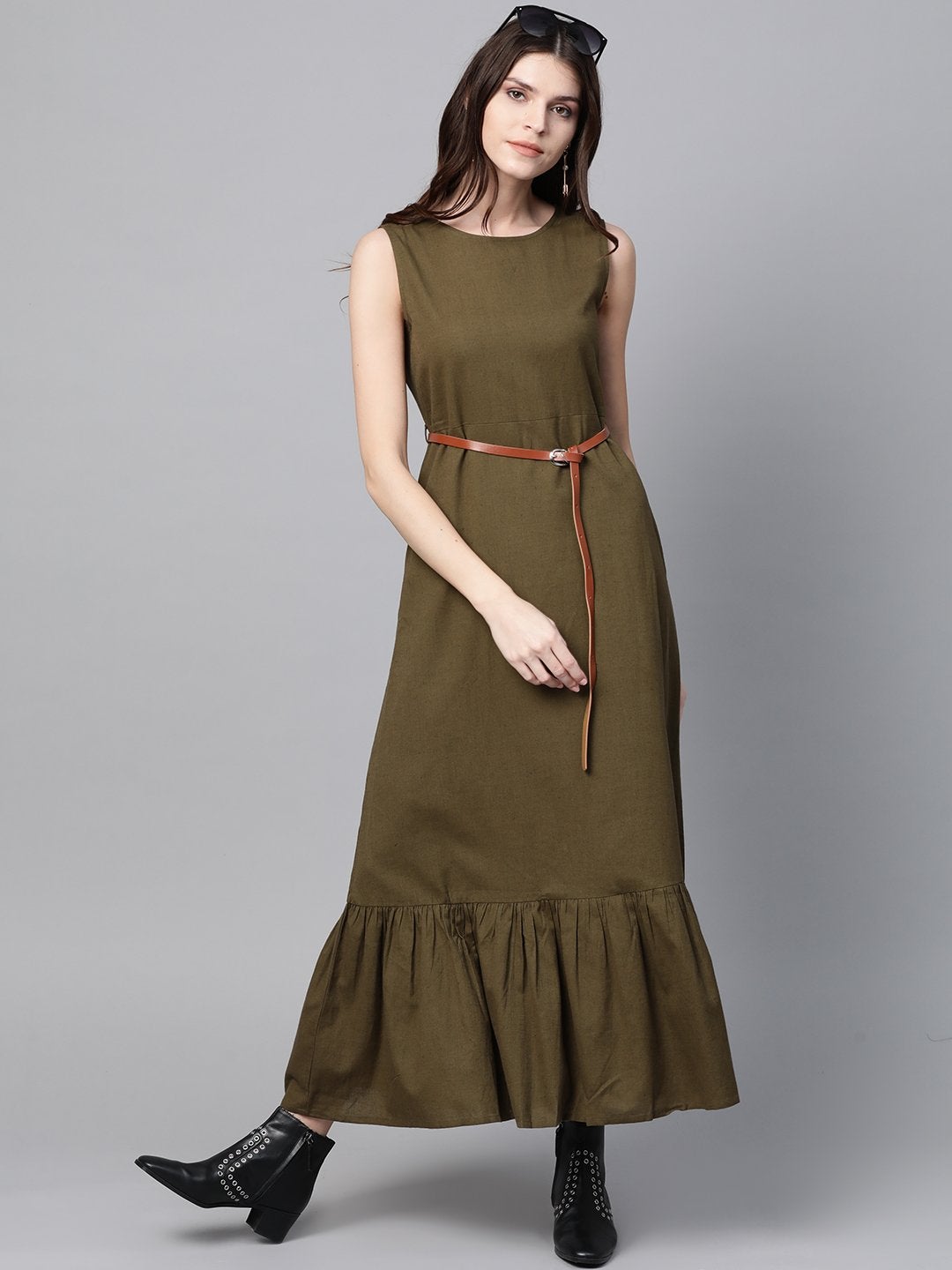 Women's Olive Sleeveless Frill Hem Belted Midi - SASSAFRAS