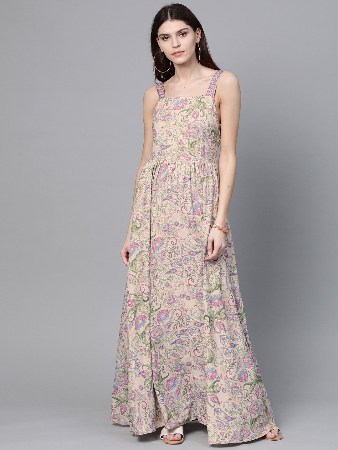 Women's Beige Paisley Strappy Gathered Maxi - SASSAFRAS