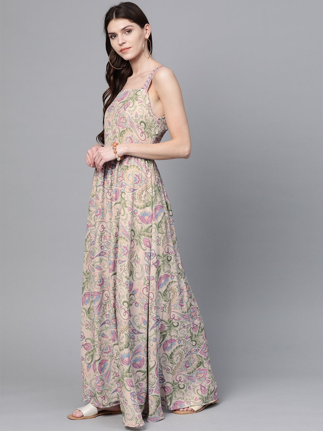 Women's Beige Paisley Strappy Gathered Maxi - SASSAFRAS