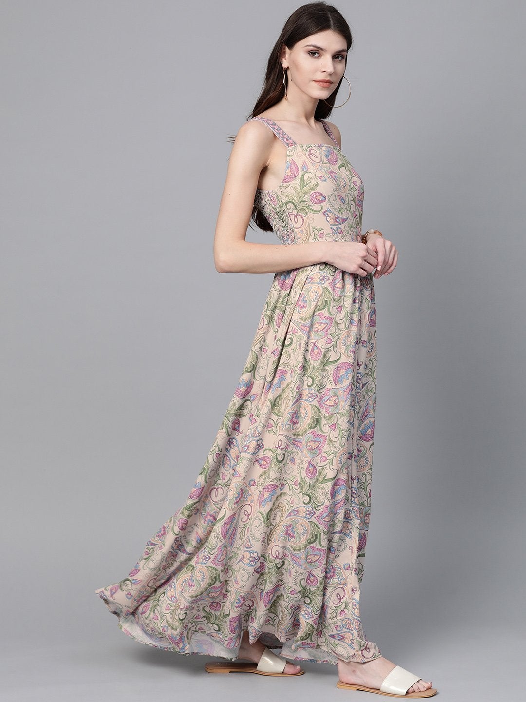 Women's Beige Paisley Strappy Gathered Maxi - SASSAFRAS