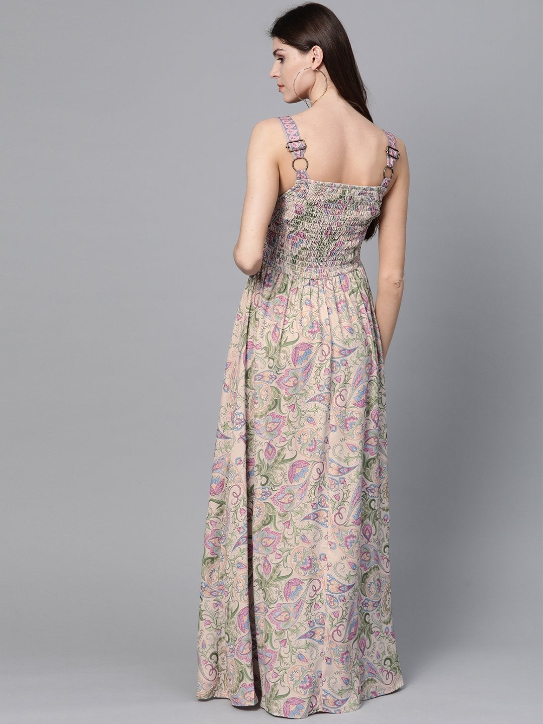 Women's Beige Paisley Strappy Gathered Maxi - SASSAFRAS