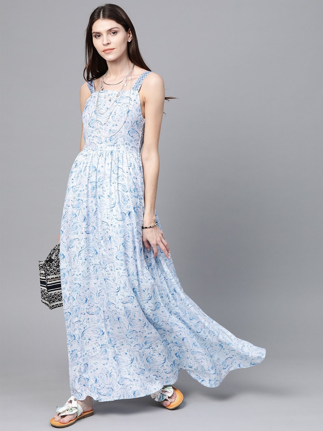 Women's Blue Paisley Strappy Gathered Maxi - SASSAFRAS