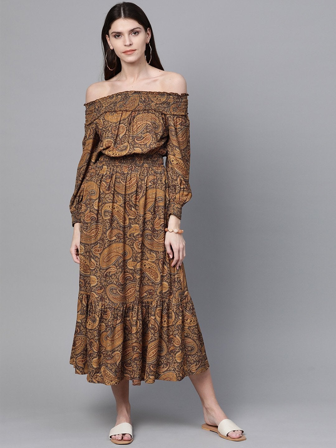 Women's Brown Paisley Smocked Bardot Midi Dress - SASSAFRAS