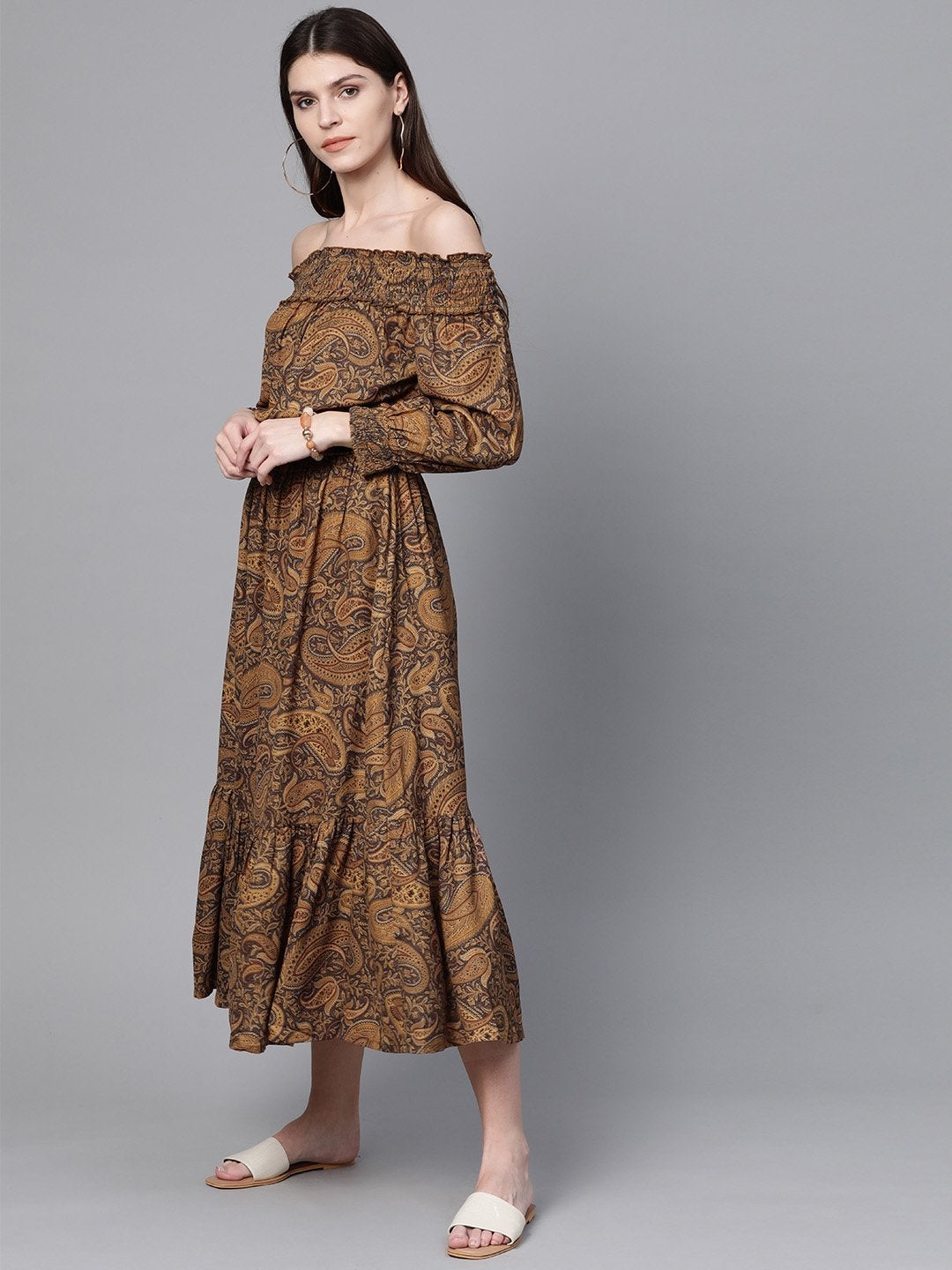 Women's Brown Paisley Smocked Bardot Midi Dress - SASSAFRAS