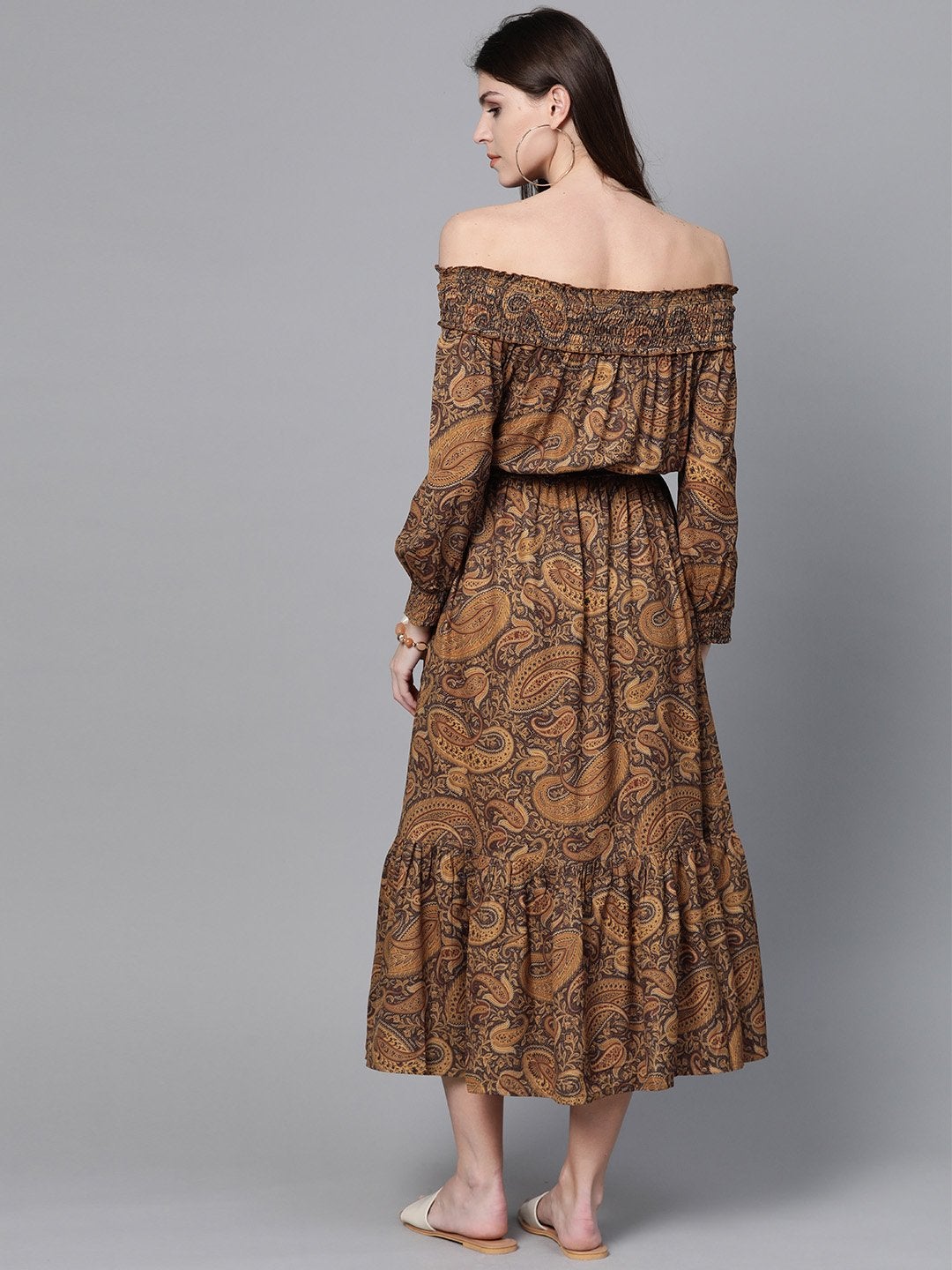 Women's Brown Paisley Smocked Bardot Midi Dress - SASSAFRAS