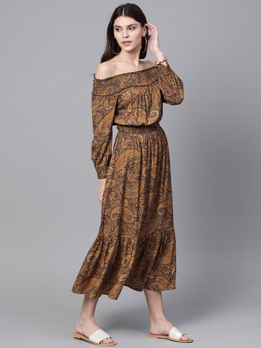 Women's Brown Paisley Smocked Bardot Midi Dress - SASSAFRAS