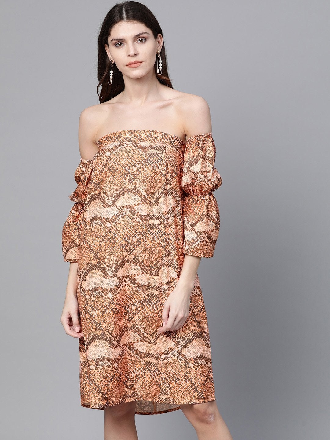 Women's Brown Snake Print Bardot Shift Dress - SASSAFRAS