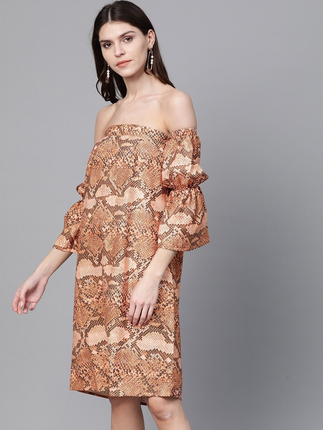 Women's Brown Snake Print Bardot Shift Dress - SASSAFRAS