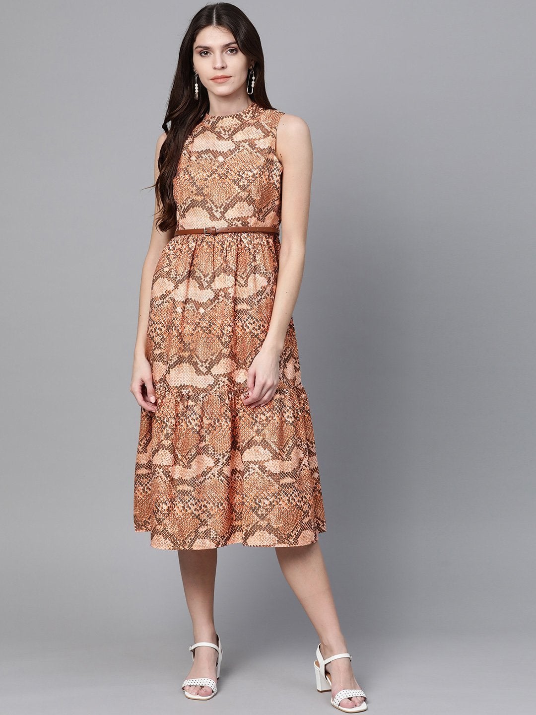 Women's Brown Snake Print Tiered Belted Midi Dress - SASSAFRAS