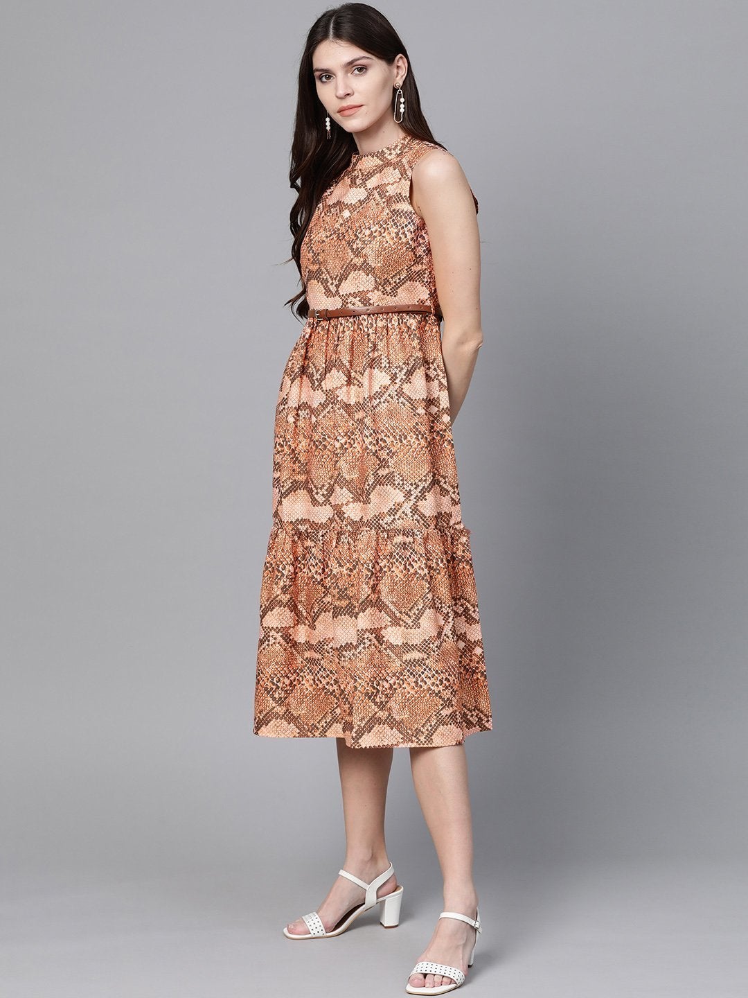 Women's Brown Snake Print Tiered Belted Midi Dress - SASSAFRAS