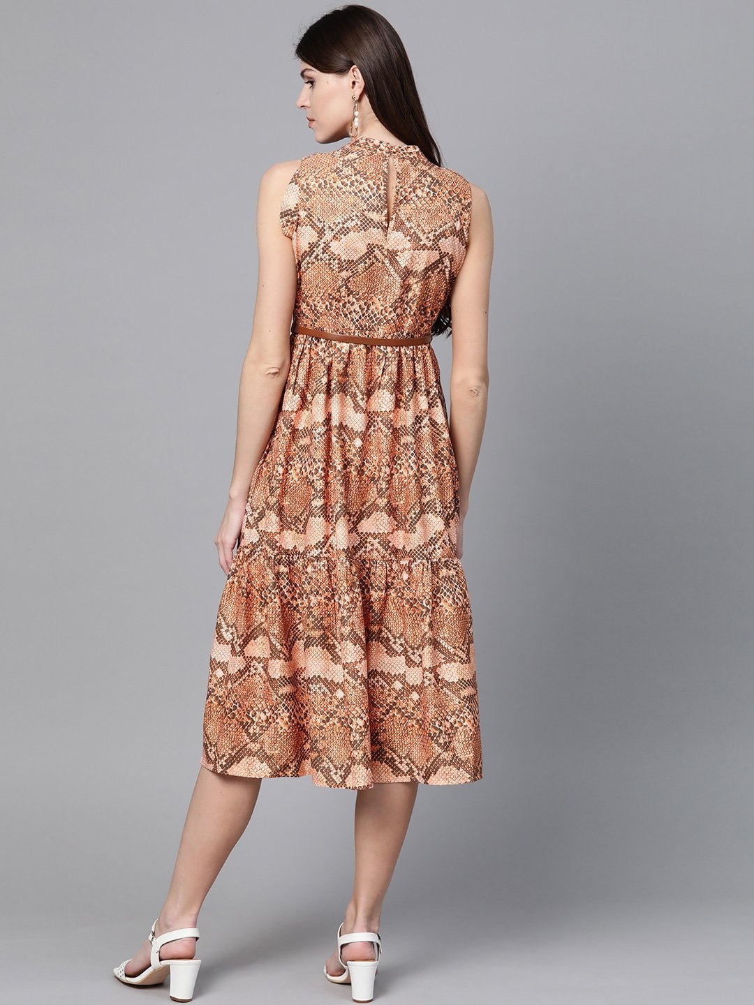 Women's Brown Snake Print Tiered Belted Midi Dress - SASSAFRAS