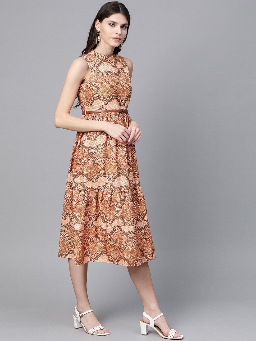 Women's Brown Snake Print Tiered Belted Midi Dress - SASSAFRAS