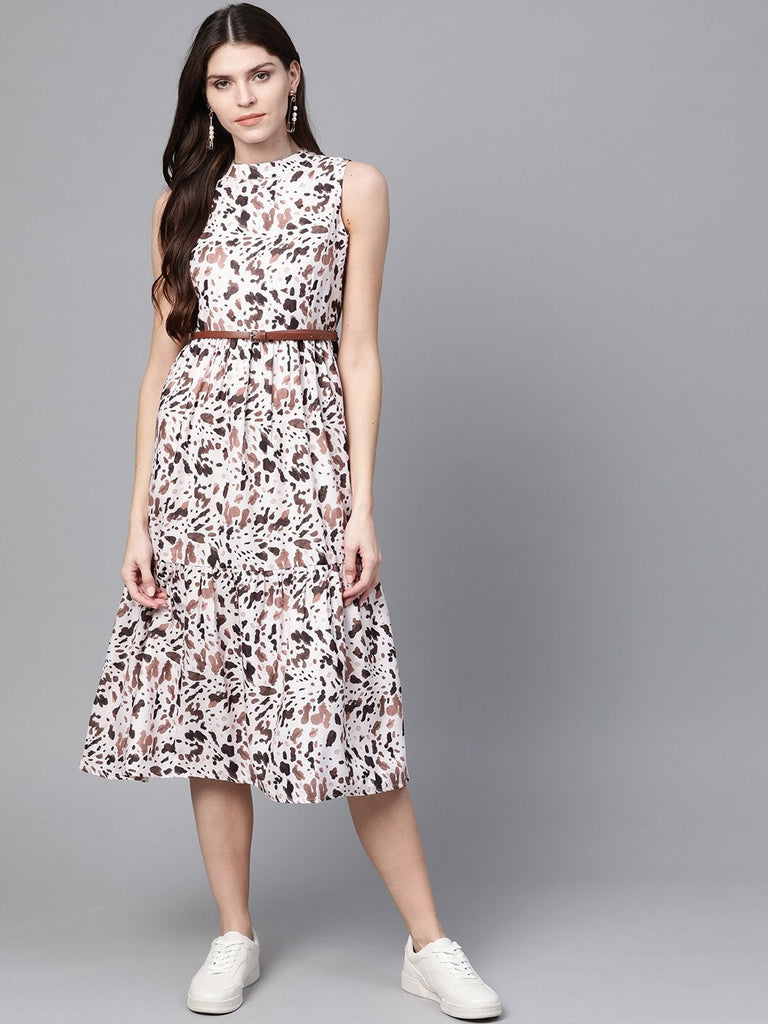 Women's Off White Leopard Tiered Belted Midi Dress