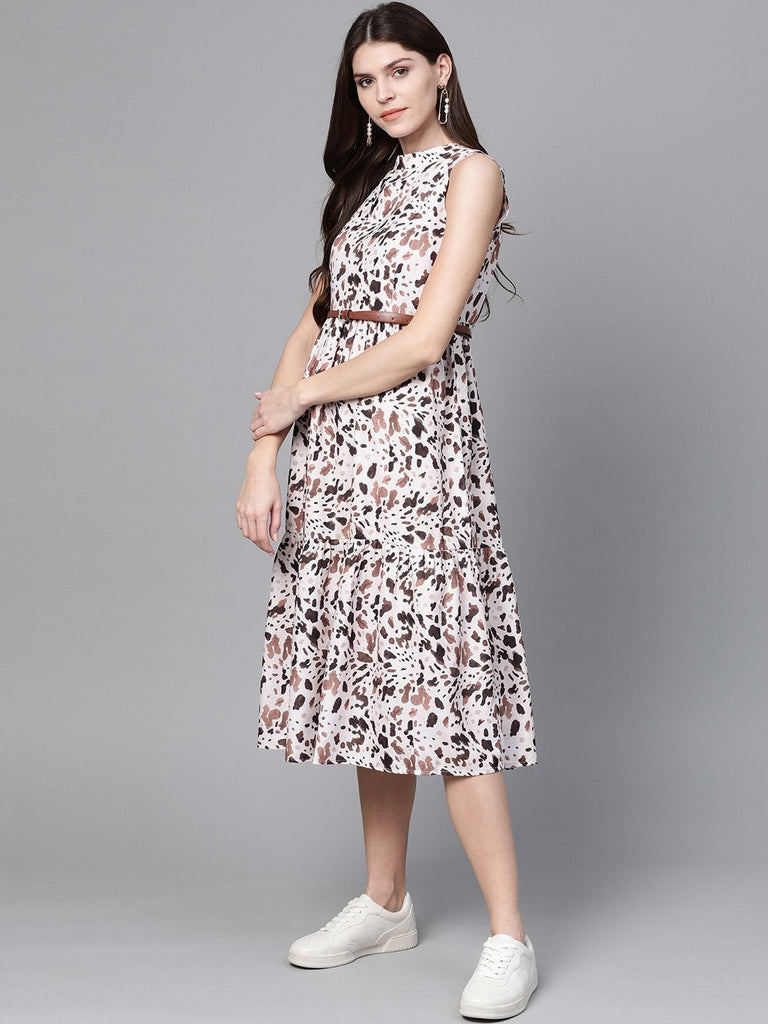 Women's Off White Leopard Tiered Belted Midi Dress