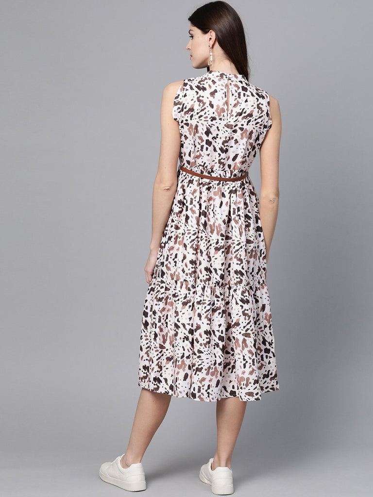 Women's Off White Leopard Tiered Belted Midi Dress
