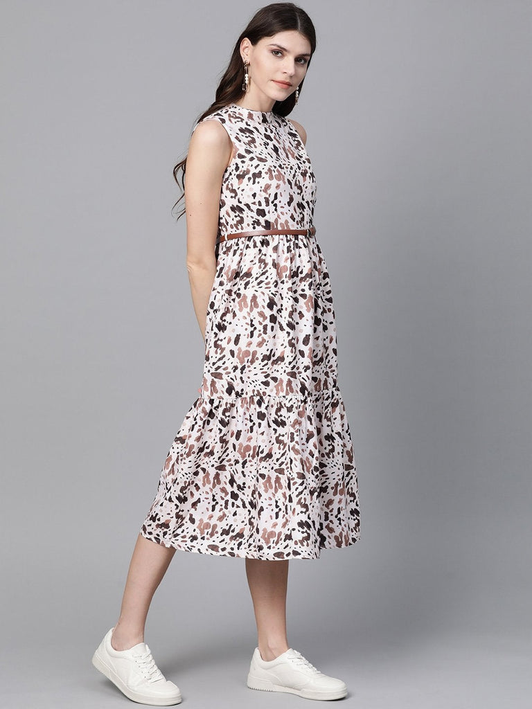 Women's Off White Leopard Tiered Belted Midi Dress