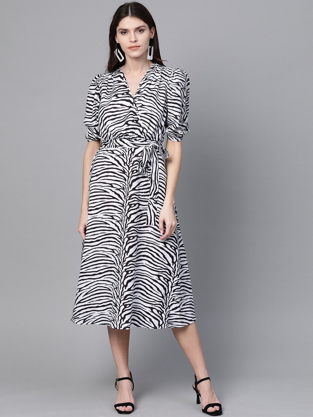 Women's White & Black Zebra Belted Midi - SASSAFRAS