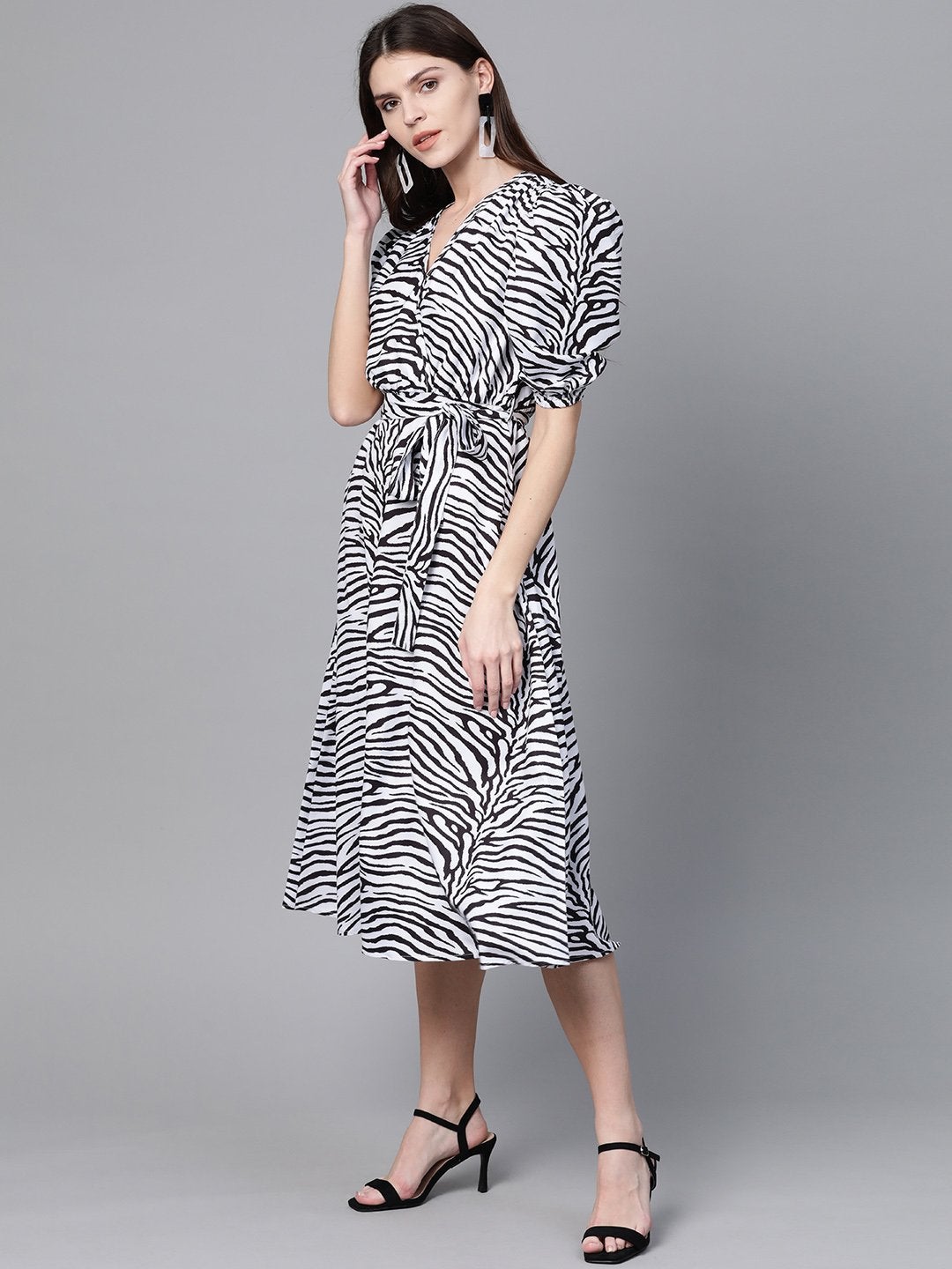 Women's White & Black Zebra Belted Midi - SASSAFRAS