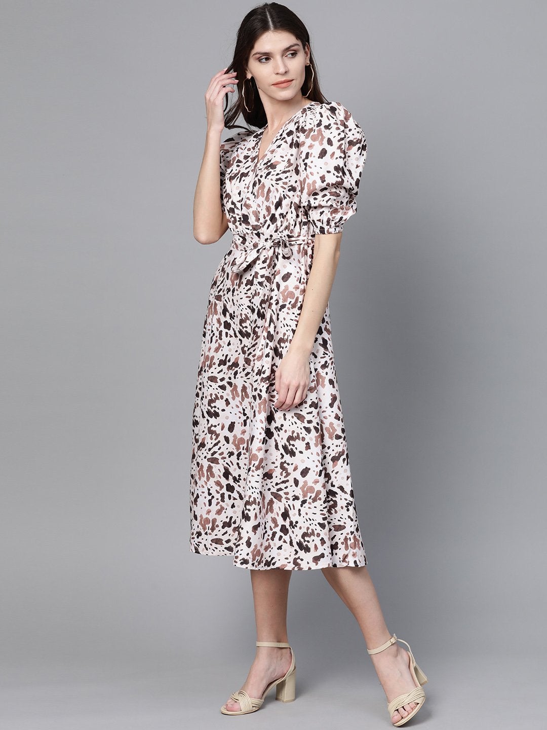 Women's Off White Leopard Belted Midi - SASSAFRAS