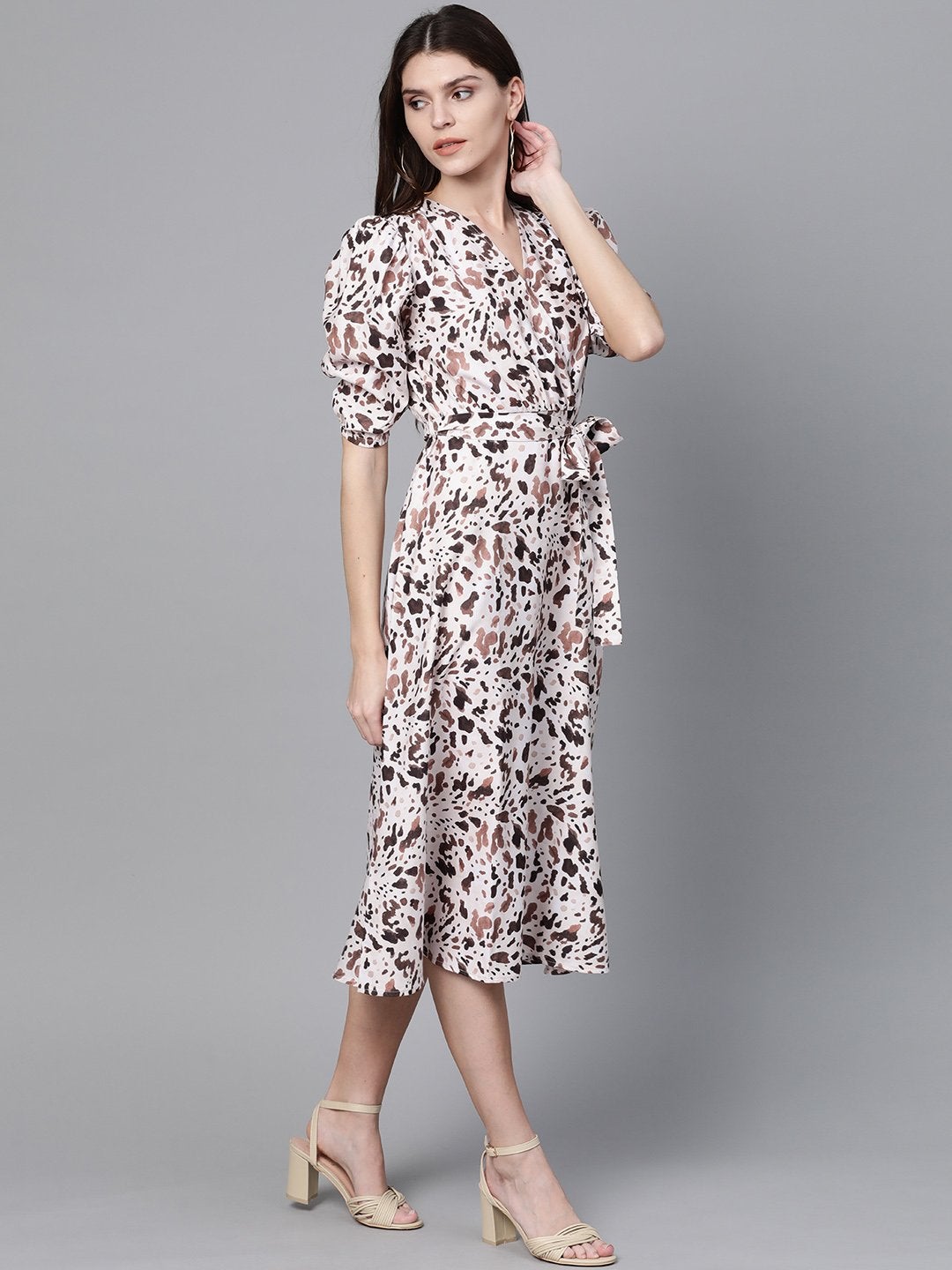 Women's Off White Leopard Belted Midi - SASSAFRAS