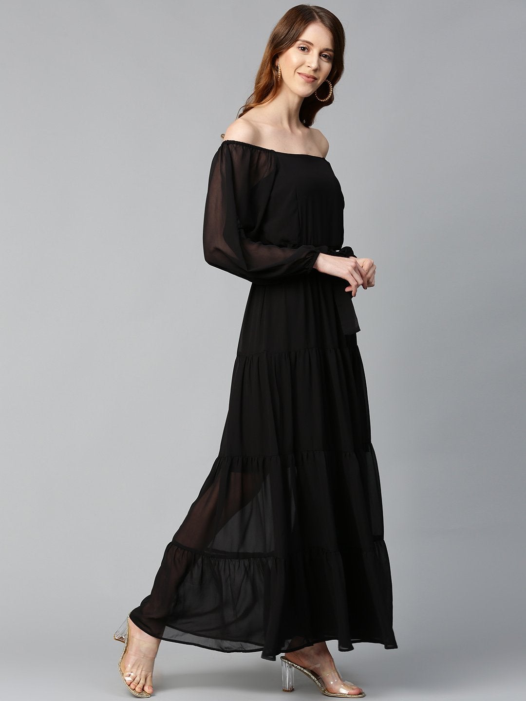 Women's Black Square Neck Tiered Maxi Dress - SASSAFRAS