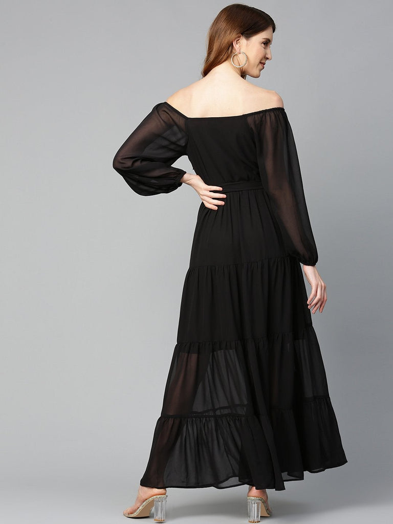 Women's Black Square Neck Tiered Maxi Dress