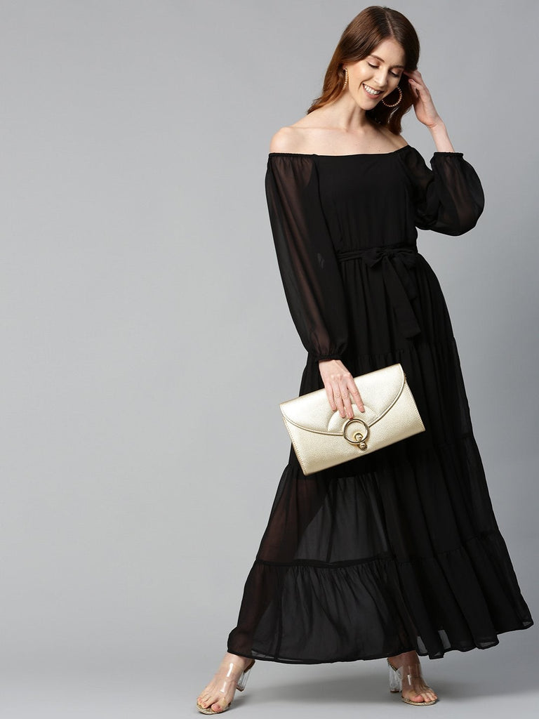 Women's Black Square Neck Tiered Maxi Dress