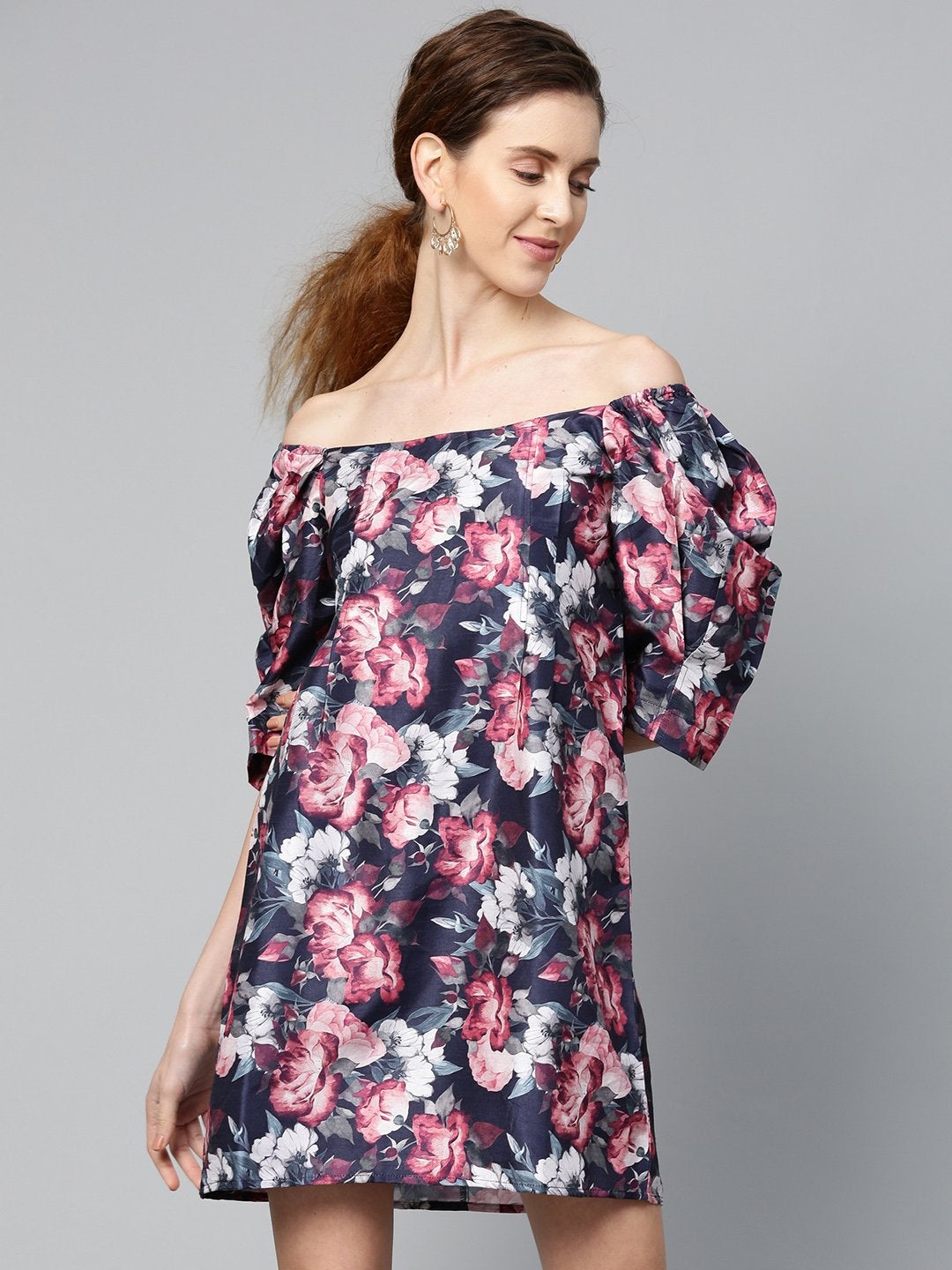 Women's Navy Floral Puff Sleeve Shift Dress - SASSAFRAS