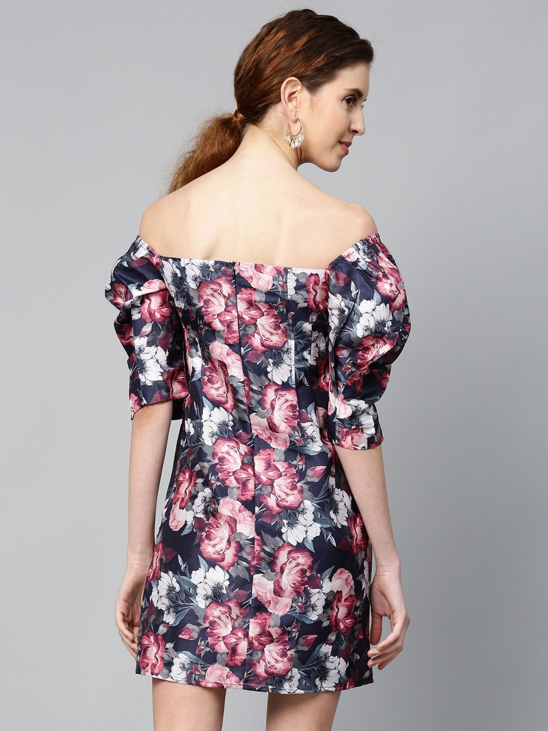 Women's Navy Floral Puff Sleeve Shift Dress - SASSAFRAS