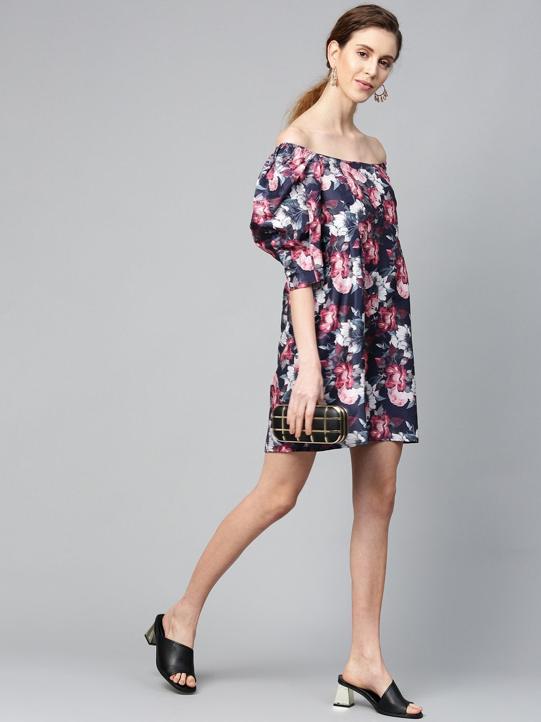 Women's Navy Floral Puff Sleeve Shift Dress - SASSAFRAS