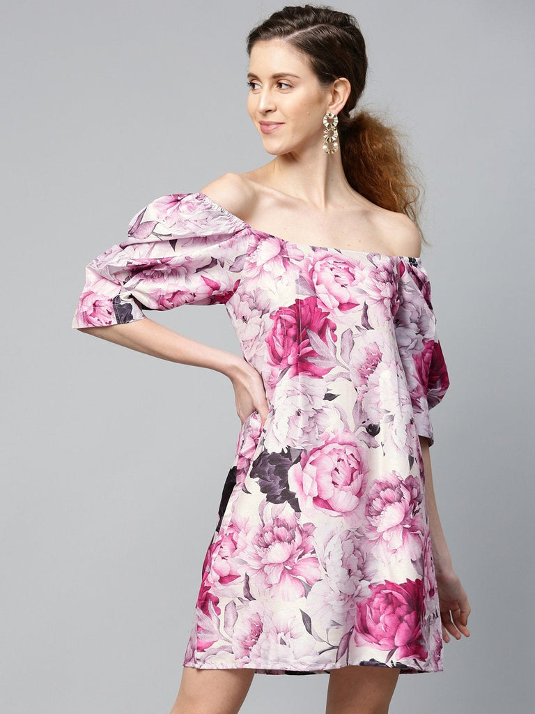 Women's Pink Floral Puff Sleeve Shift Dress