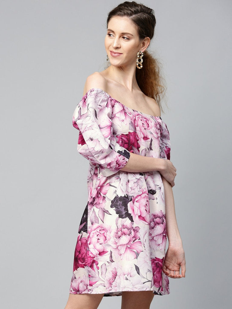 Women's Pink Floral Puff Sleeve Shift Dress