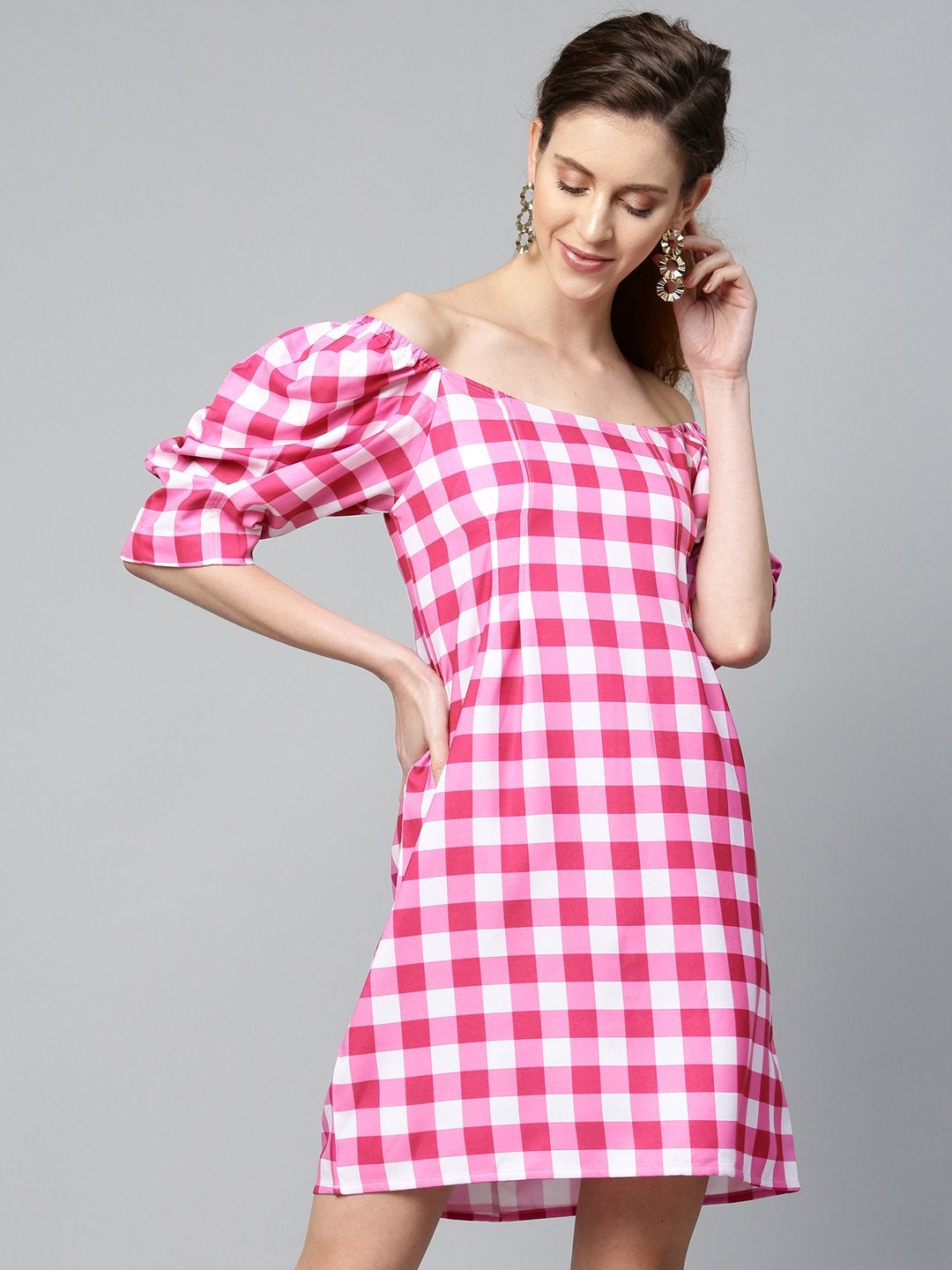 Women's Fushsia & White Check Puff Sleeve Shift Dress - SASSAFRAS