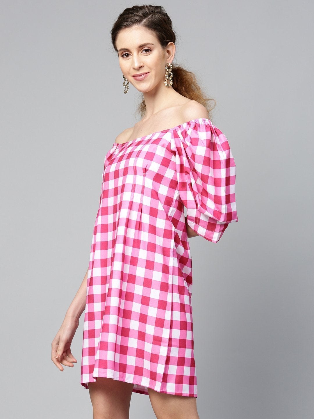 Women's Fushsia & White Check Puff Sleeve Shift Dress - SASSAFRAS