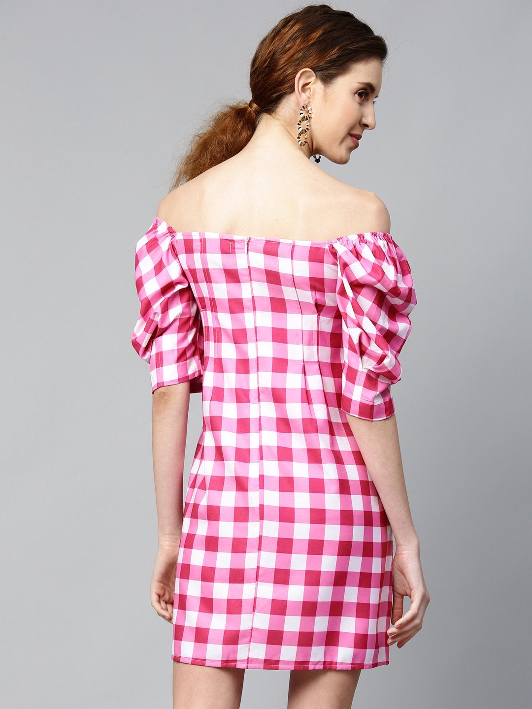 Women's Fushsia & White Check Puff Sleeve Shift Dress - SASSAFRAS