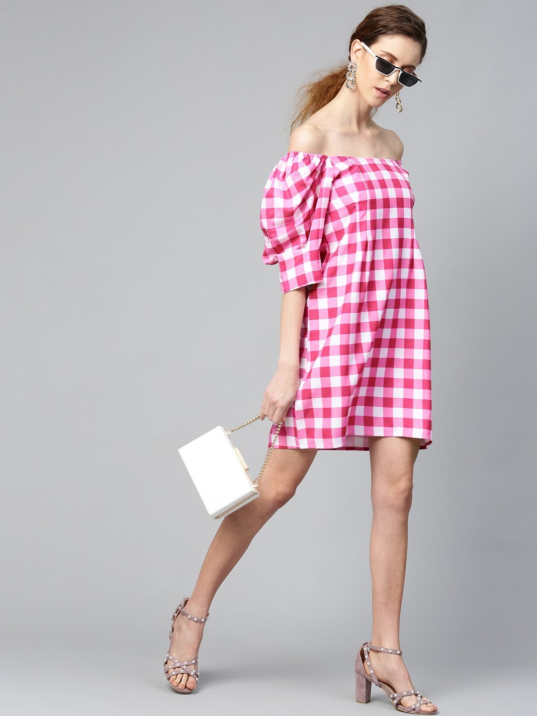 Women's Fushsia & White Check Puff Sleeve Shift Dress - SASSAFRAS