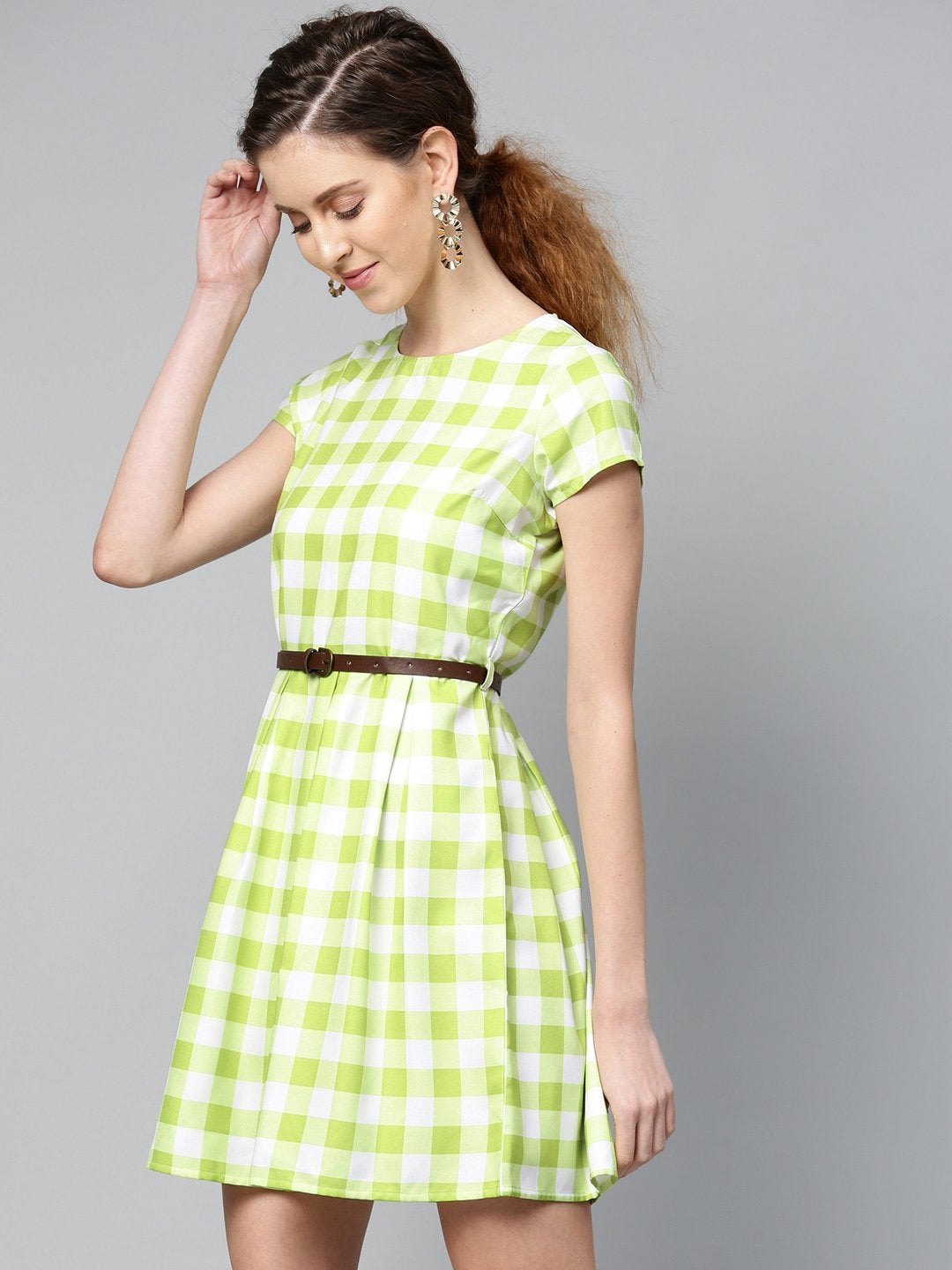 Women's Green & White Check Skater Dress - SASSAFRAS