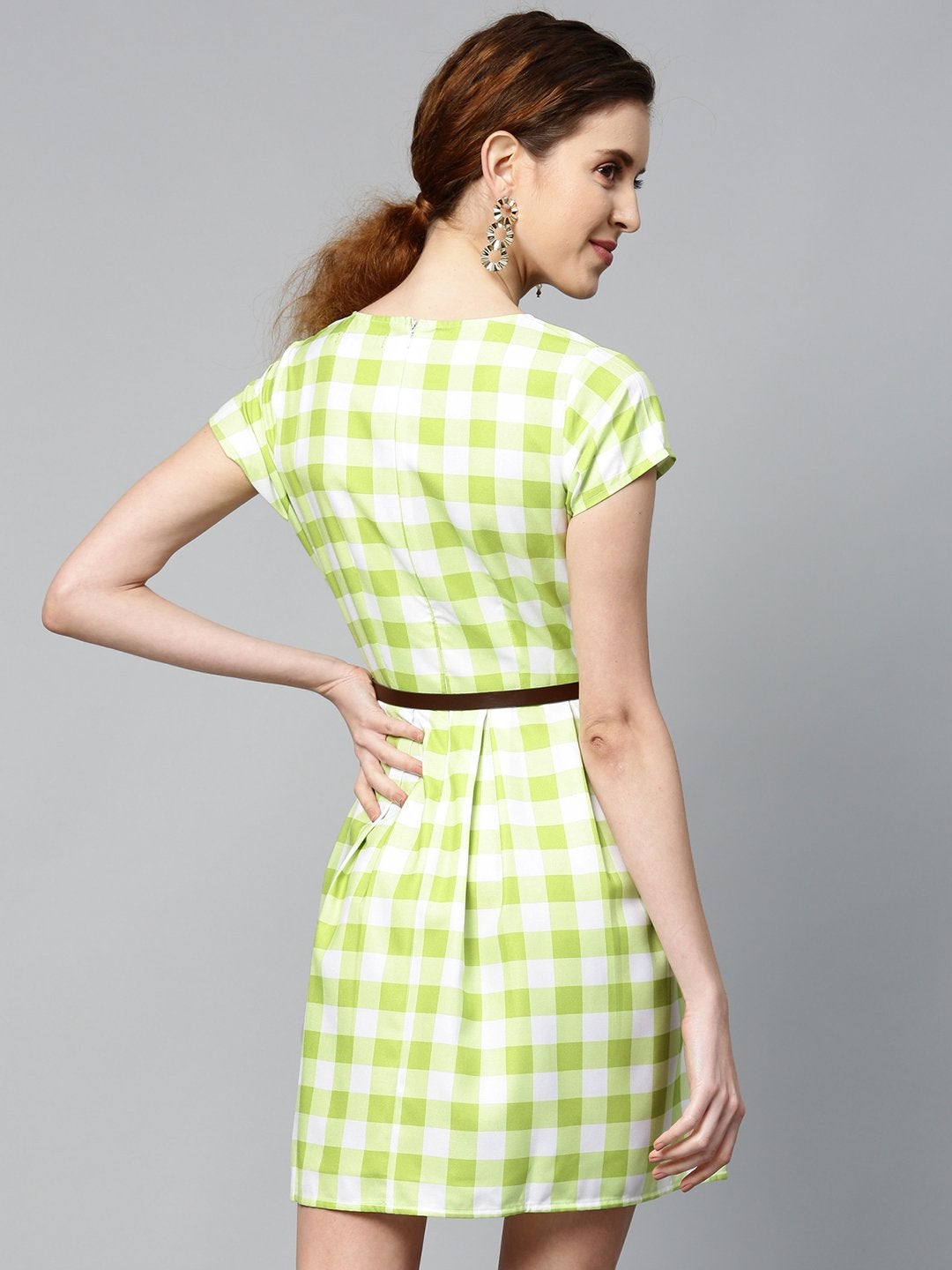 Women's Green & White Check Skater Dress - SASSAFRAS