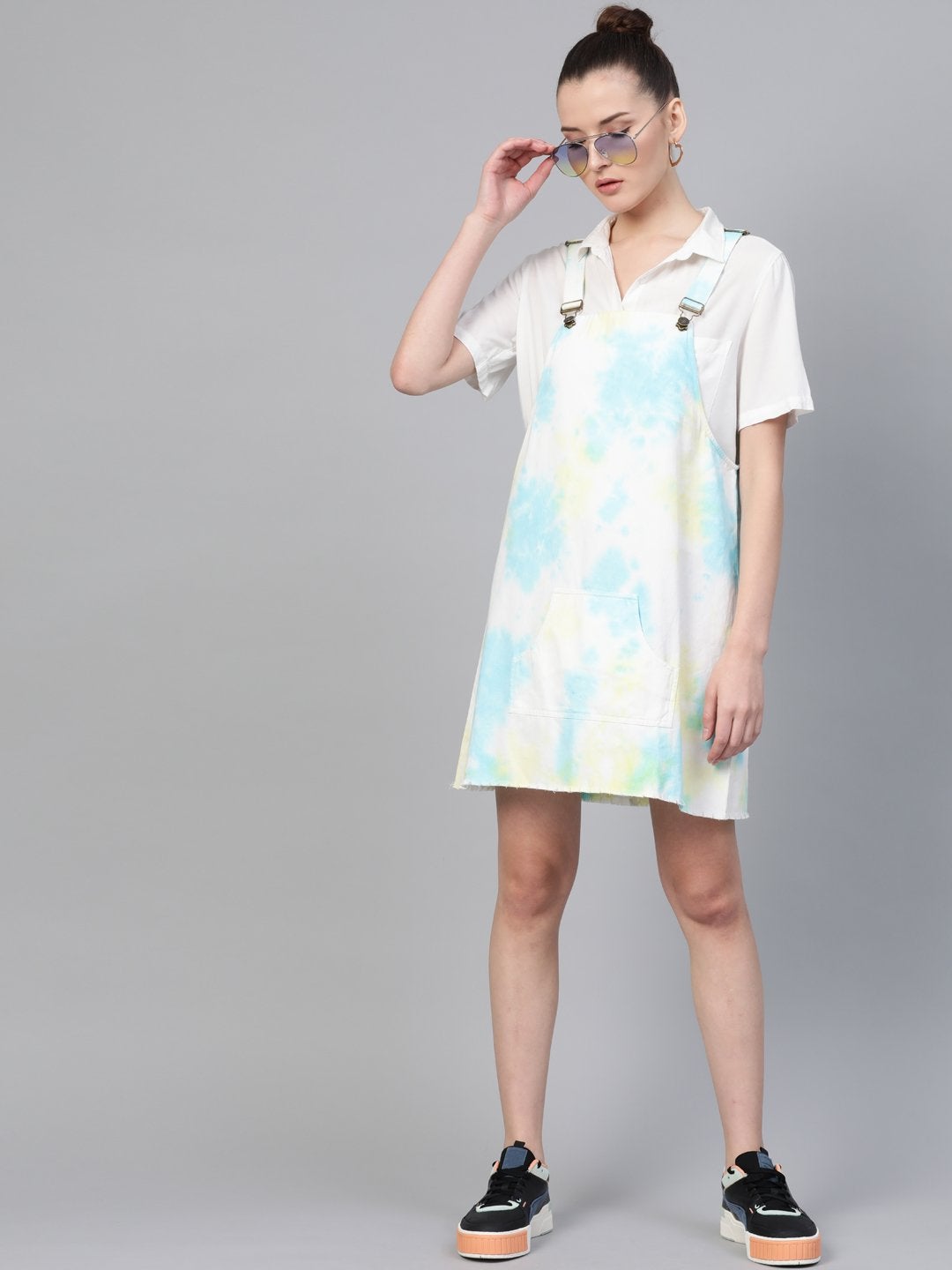 Women's Yellow & Blue Tie-Dye Pinafore Dress - SASSAFRAS