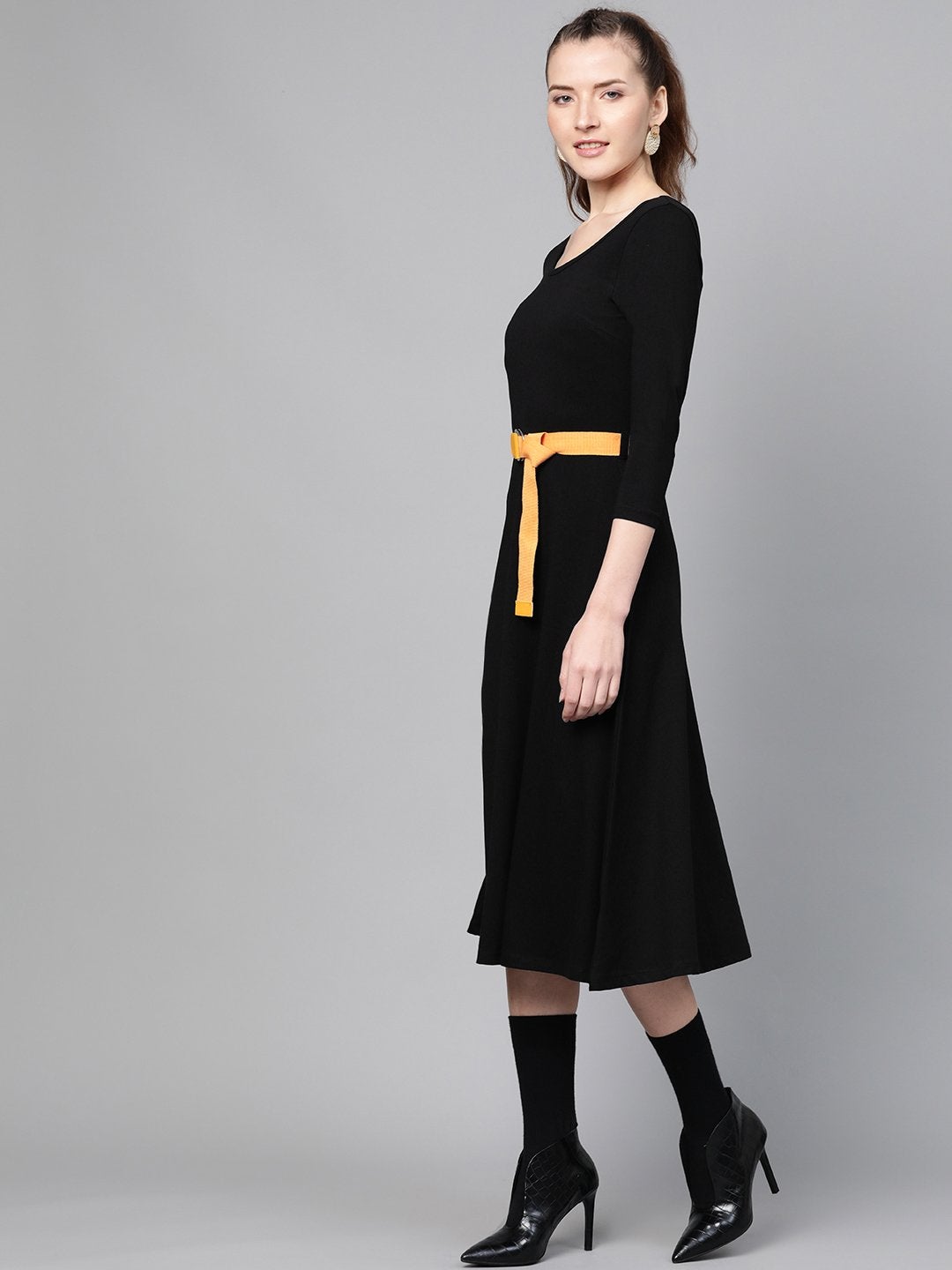 Women's Black Skater Belted Midi Dress - SASSAFRAS